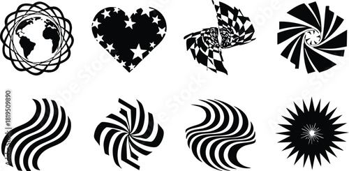 Black and white abstract geometric shapes collection with globe heart star and swirl vector illustration 