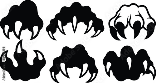 Animal Claw Prints Vector Set with Sharp Talons in Black Silhouette for Design and Illustration Purposes 
