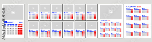 2026 Monthly calendar 12 months template on white background. Minimalist design layout calendar week starts on sunday. Use for New year, business, print.