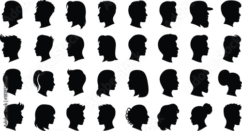 Male and female human heads silhouette profile collection vector illustration set in black color 