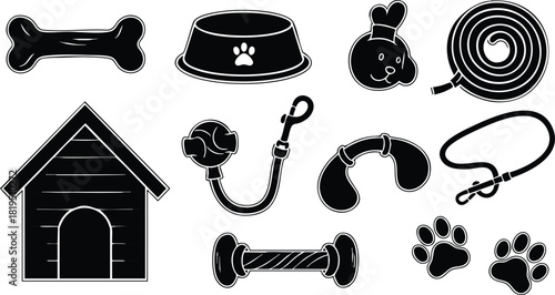 Dog Accessories and Supplies Vector Set Including Bones, Collar, Leash, House, and Paw Prints in Black Silhouette Style 