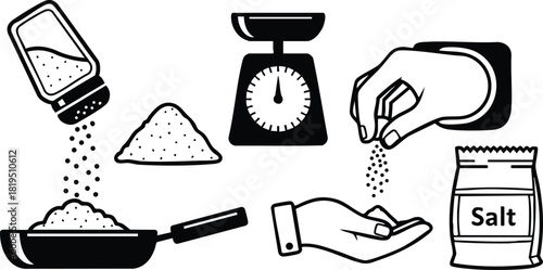 Cooking salt seasoning process with hand, scale, pan, and salt shaker black vector illustration 