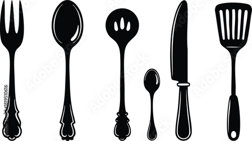 Vintage kitchen cutlery set with fork spoon ladle knife and spatula silhouette vector illustration 