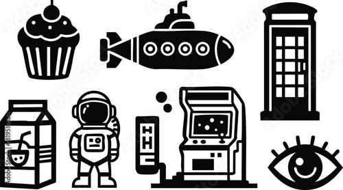 Set of diverse black icons cupcake submarine phone booth milk carton astronaut arcade eye vector illustration 