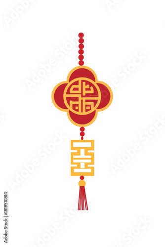 A decorative Chinese amulet pendant in a traditional style. It features a combination of red and gold, symbolizing good luck, wealth, and harmony.