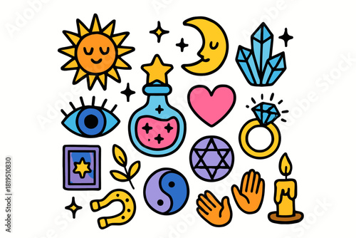 Cute doodle astrology spiritual collection flat vector illustration bold handdrawn outlines bright solid fills isolated on white clean white space sticker style minimal detail potion bottle