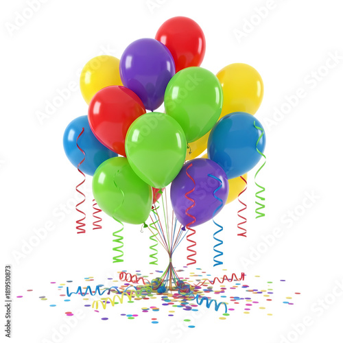 Colorful balloons with confetti create a festive atmosphere for a birthday celebration on transparent background
