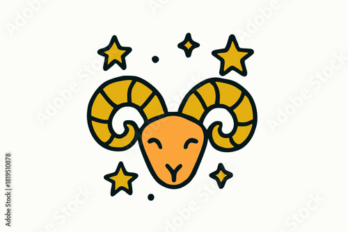 Cute doodle astrology spiritual collection flat vector illustration bold handdrawn outlines bright solid fills isolated on white clean white space sticker style minimal detail aries horns