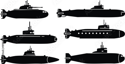 Submarine silhouettes vector set with six different military underwater vessels in black shapes for design use 
