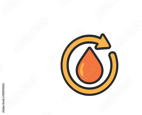 Single refill symbol with droplet and arrow flat vector style bold outline sticker look bright warm palette isolated on transparent background centered no shadow