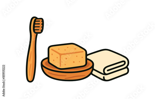Simple zero waste composition with bamboo toothbrush natural soap bar on wooden dish and folded cotton towel flat vector style bold outline sticker look bright warm palette isolated on