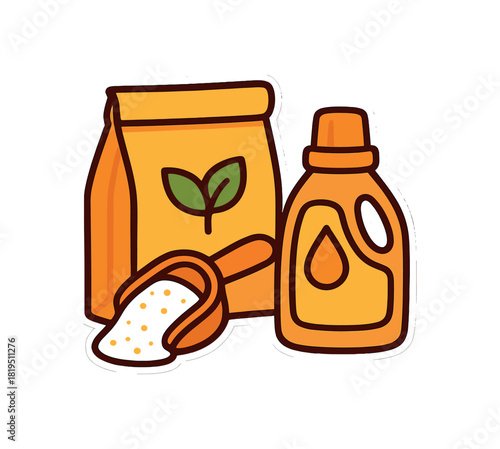 Laundry corner with eco powder paper bag wooden scoop and fabric softener refill bottle flat vector style bold outline sticker look bright warm palette isolated on transparent background