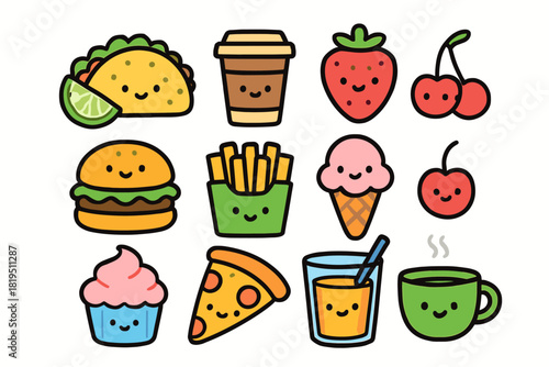 Cute doodle food drinks collection flat vector illustration bold handdrawn outlines bright solid fills isolated on white clean white space sticker style minimal detail taco with lime wedge