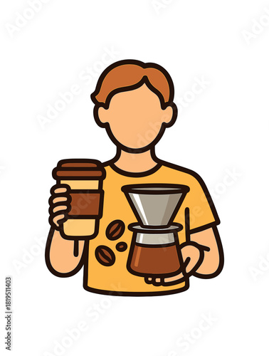 Zero waste coffee moment with reusable cup metal filter and coffee beans flat vector style bold outline sticker look bright warm palette isolated on transparent background centered no face