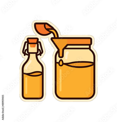 Grocery refill scene with swingtop bottle funnel and bulk jar of oil flat vector style bold outline sticker look bright warm palette isolated on transparent background centered no face no