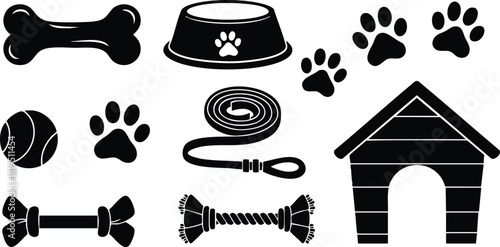 Dog Accessories Vector Set Including Bone Collar Leash Dog House and Paw Prints for Pet Care and Training 