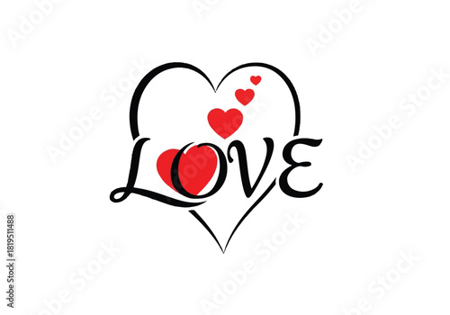 Stylized black script word love inside a black heart outline with red hearts symbolizing romance and affection
