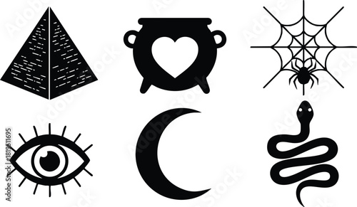 Ancient Egyptian Symbols Pyramid Eye Moon Snake Heart Cauldron Spider Web Vector Illustration 