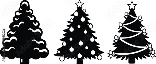 Christmas tree illustrations in black silhouette style with decorations and star topper vector set 