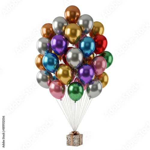 Colorful balloons float above a wrapped gift box against a scene on transparent background