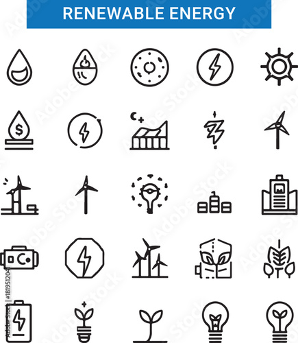 Set of outline icons related to green, renewable energy, alternative sources energy. Eco icon collection
