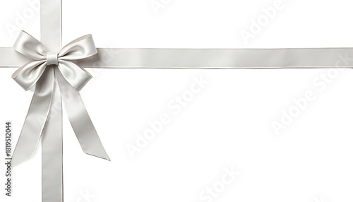 Silver ribbon bow in the upper left corner on white isolated on a transparent background