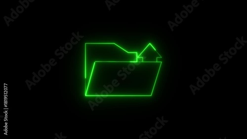 Green neon upload folder icon on black background