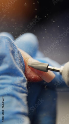 Slow motion video of dust flying while removing gel from the nail plate. High quality 4k footage