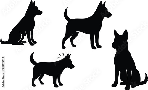 Dog silhouettes in various poses vector illustration with sitting and standing postures 