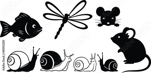 Various small animals including fish, dragonfly, mice, and snails in black silhouette vector illustration 