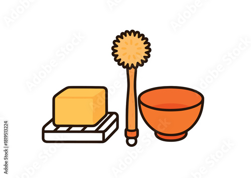 Dishwashing set with solid dish soap on rack wooden bottle brush and bowl flat vector style bold outline sticker look bright warm palette isolated on transparent background centered no face