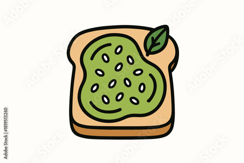 Cute doodle food drinks collection flat vector illustration bold handdrawn outlines bright solid fills isolated on white clean white space sticker style minimal detail avocado toast with
