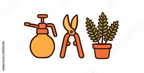 Plant care trio with watering mister pruning shears and small potted fern flat vector style bold outline sticker look bright warm palette isolated on transparent background centered no face