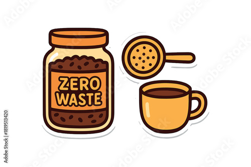 Zero waste tea set with loose tea jar tea strainer and ceramic cup flat vector style bold outline sticker look bright warm palette isolated on transparent background centered no face no