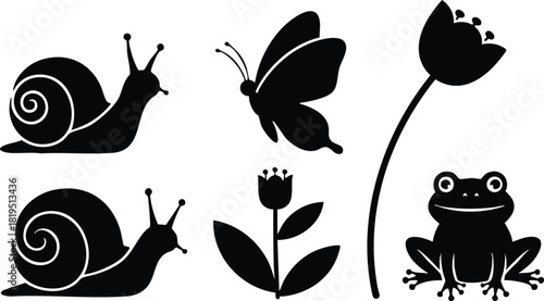 Silhouettes of Snail Butterfly Flower and Frog Vector Illustration in Black and White Natural Design 