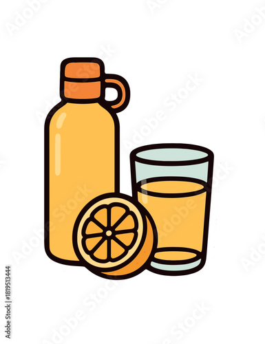 Morning hydration set with reusable bottle sliced lemon and glass tumbler flat vector style bold outline sticker look bright warm palette isolated on transparent background centered no face