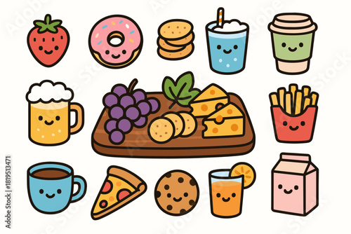 Cute doodle food drinks collection flat vector illustration bold handdrawn outlines bright solid fills isolated on white clean white space sticker style minimal detail charcuterie board