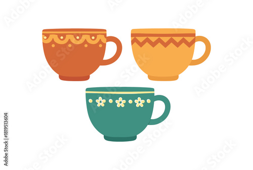 Flat vector illustration ceramic teacups with decorative rims rounded silhouettes colorful palette