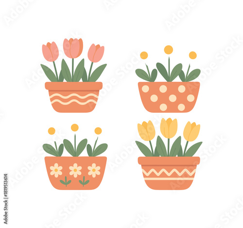 Flat vector illustration 4 flower pots with blooming tulips and daisies soft rounded shapes decorative patterns spring style