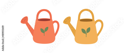 Flat vector illustration 2 watering cans with tiny leaf motifs rounded forms colorful palette spring gardening