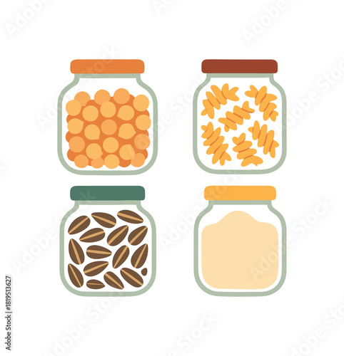 Flat vector illustration 4 storage jars for dried goods rounded forms colorful cozy palette