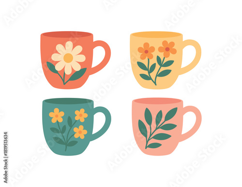 Flat vector illustration 4 spring mugs with flower and leaf ornaments soft rounded shapes colorful palette