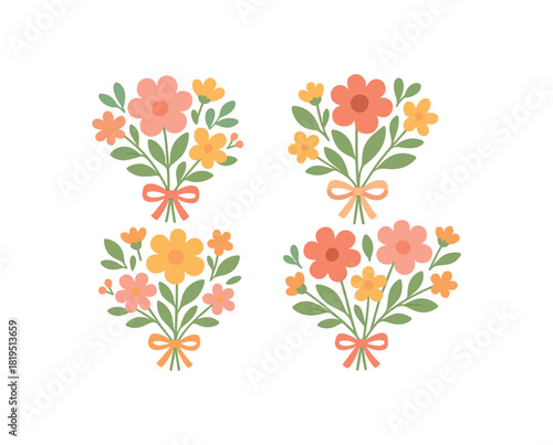 Flat vector illustration 4 flower bouquets tied with ribbons soft rounded petals decorative spring look
