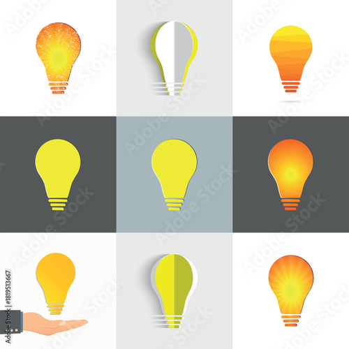 A collection of yellow paper-cut light bulbs. A set of light bulbs for a business idea, brainstorming session, or electrical engineering