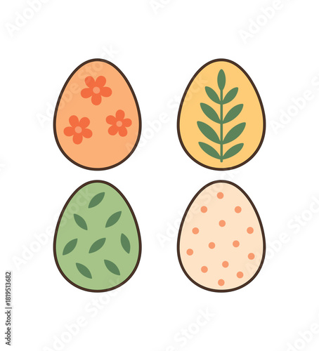 Flat vector illustration 4 eggs with simple spring patterns (flowers leaves dots) rounded forms clean outline