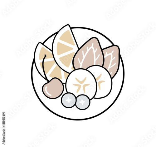 フルーツボウル（オレンジ・いちご・バナナ・さくらんぼ・ブルーベリー）｜俯瞰・ベクター・アサイーボウル