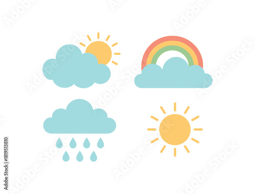 Flat vector illustration 4 spring clouds sun rainbow and raindrops soft rounded shapes cheerful spring mood
