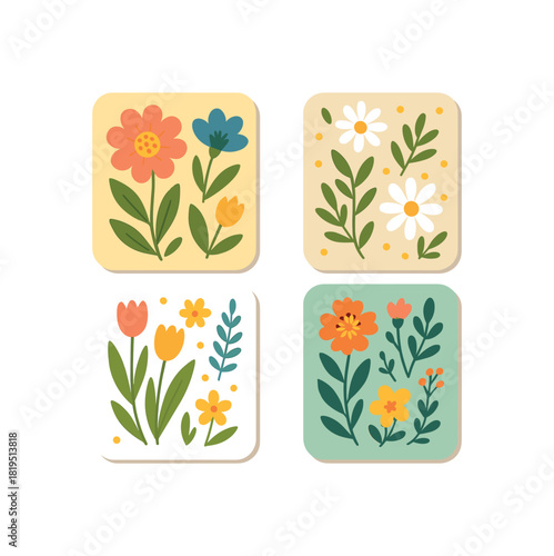 Flat vector illustration 4 springthemed kitchen towels with flowers and leaves rounded edges colorful palette
