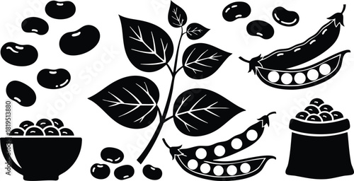 Black silhouette of bean plant with pods, beans, bowl, and sack in simple vector style 