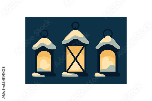 Flat vector illustration lanterns with soft cutout snow shapes rounded silhouettes winter evening mood